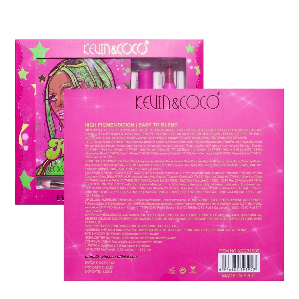 Kevin & Coco Set Machiaj Green Cool Girl, Trusa Completa cu 12 Farduri de Ochi, 4 Iluminatoare, Contur, Rujuri si Pensula, 18 Culori, Multicolor, 210 g