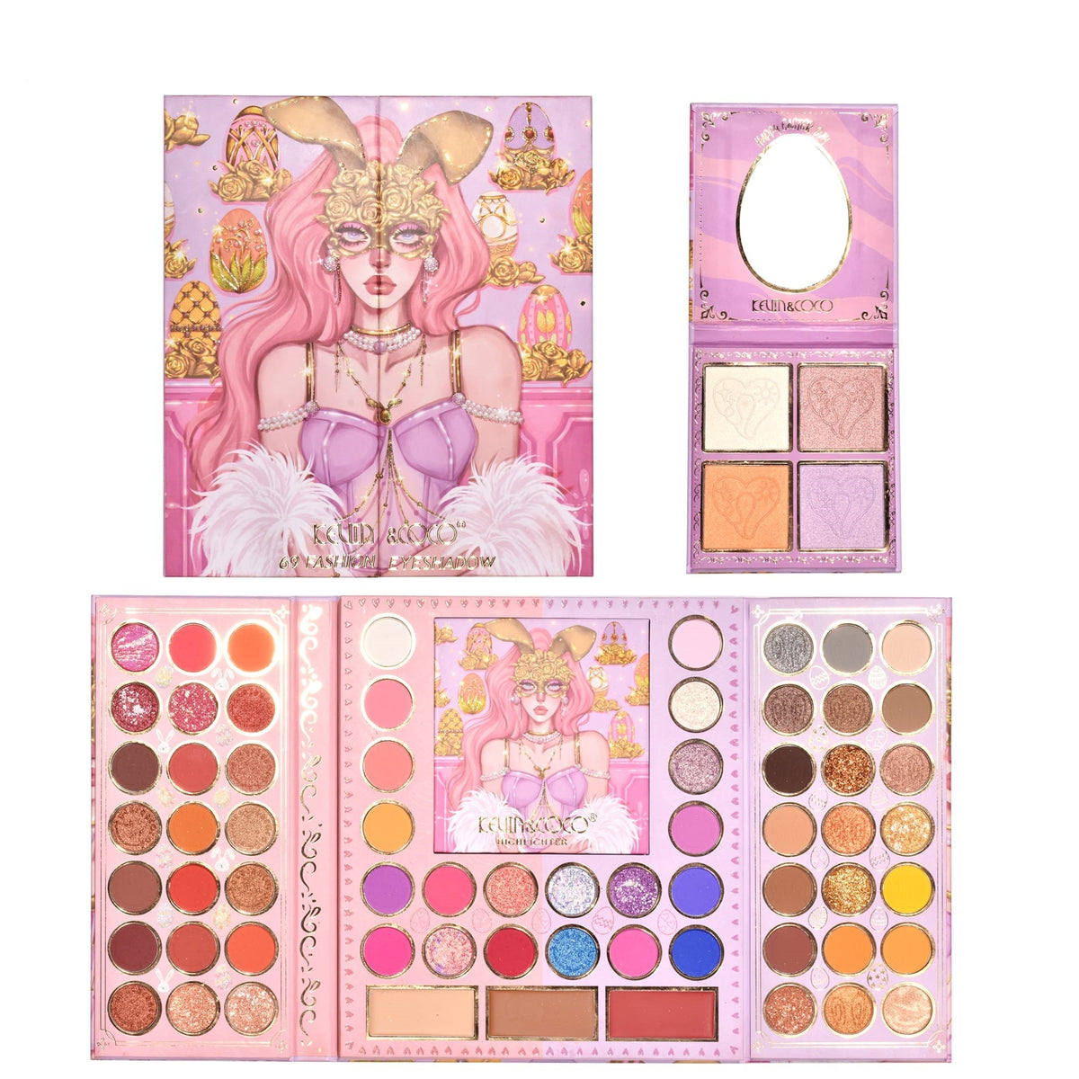 Trusa Machiaj Kevin & Coco Easter Style Pink, Paleta 65 Farduri de Pleoape si 4 Iluminatoare, Textura Mata si Sidefata, Pigmentata, 69 Culori, 20 x 22.5 cm