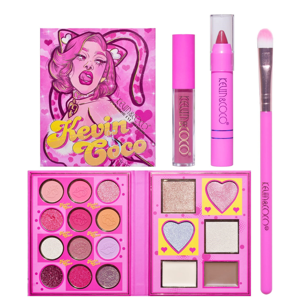 Kevin & Coco Set Machiaj Complet, Trusa Pink Loving-heart Leopard Girl cu 12 Farduri Ochi, 4 Iluminatoare, 2 Contururi Cremoase, 2 Rujuri si Pensula, 18 Culori, Multicolor