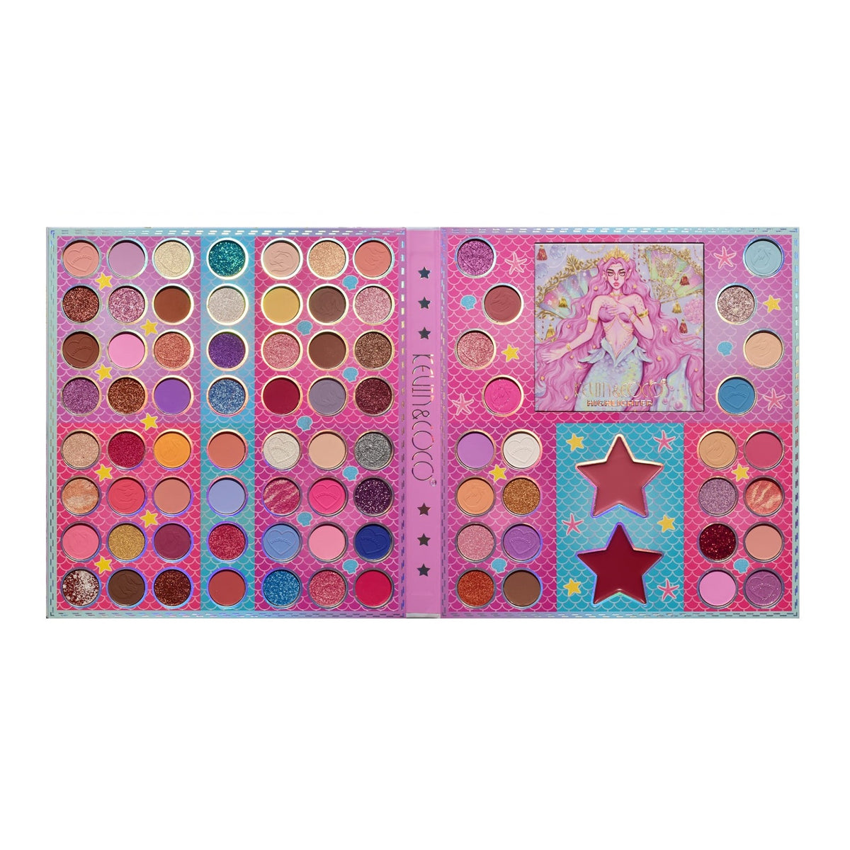 Kevin & Coco Trusa de Machiaj Mermaids, Paleta 80 Farduri de Pleoape, 2 Rujuri si 1 Iluminator, Texturi Mate si Sidefate cu Glitter, 86 Culori, 580 g