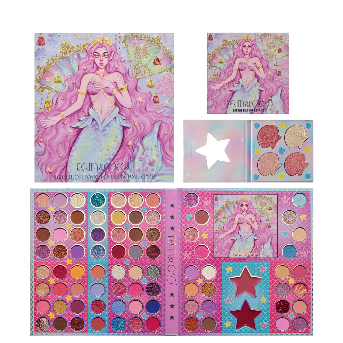 Kevin & Coco Trusa de Machiaj Mermaids, Paleta 80 Farduri de Pleoape, 2 Rujuri si 1 Iluminator, Texturi Mate si Sidefate cu Glitter, 86 Culori, 580 g