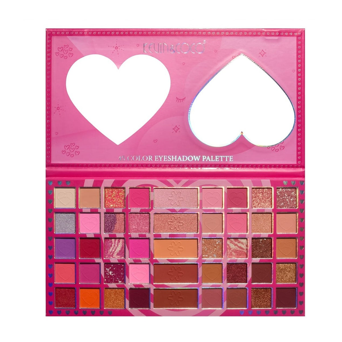 Kevin & Coco, Paleta Fard de Pleoape Love Crush, 45 Culori Mate, Sidefate si Glitter, Pigmentate si Catifelate, Cruelty-Free, 30.3 x 16.5 cm