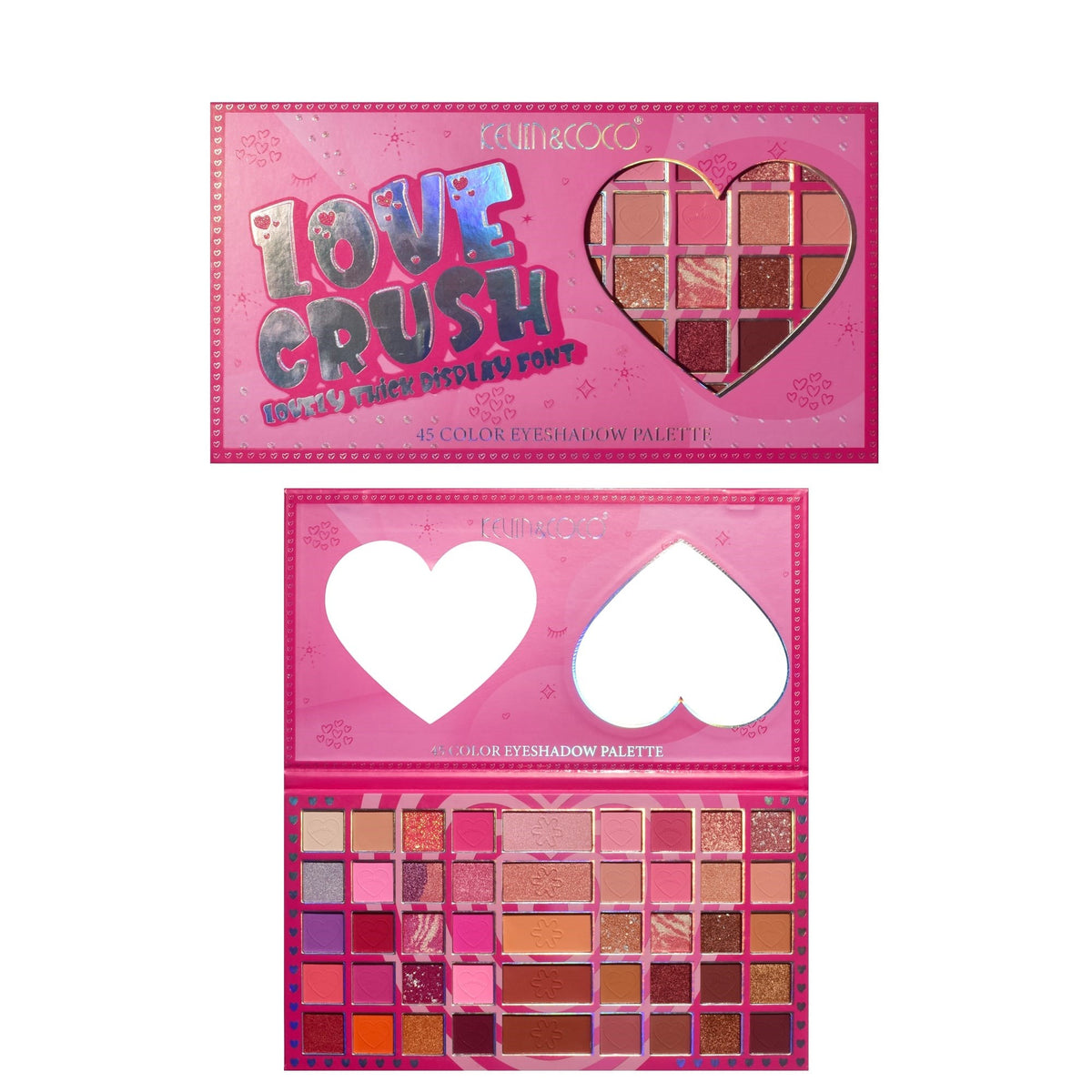 Kevin & Coco, Paleta Fard de Pleoape Love Crush, 45 Culori Mate, Sidefate si Glitter, Pigmentate si Catifelate, Cruelty-Free, 30.3 x 16.5 cm