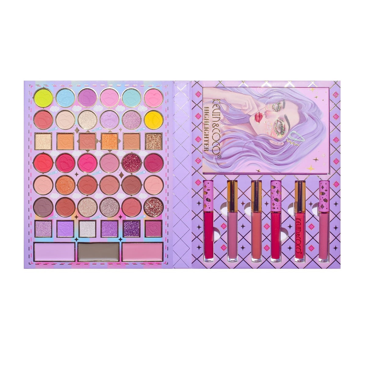 Kevin & Coco Set Machiaj Complet Violet Fairy, Trusa Cosmetice cu 42 Farduri Ochi, 3 Blush, 6 Rujuri si 6 Iluminatoare, Formule Pigmentate si Cruelty-Free, 51 Culori, 19.5 x 24.5 x 2.5 cm