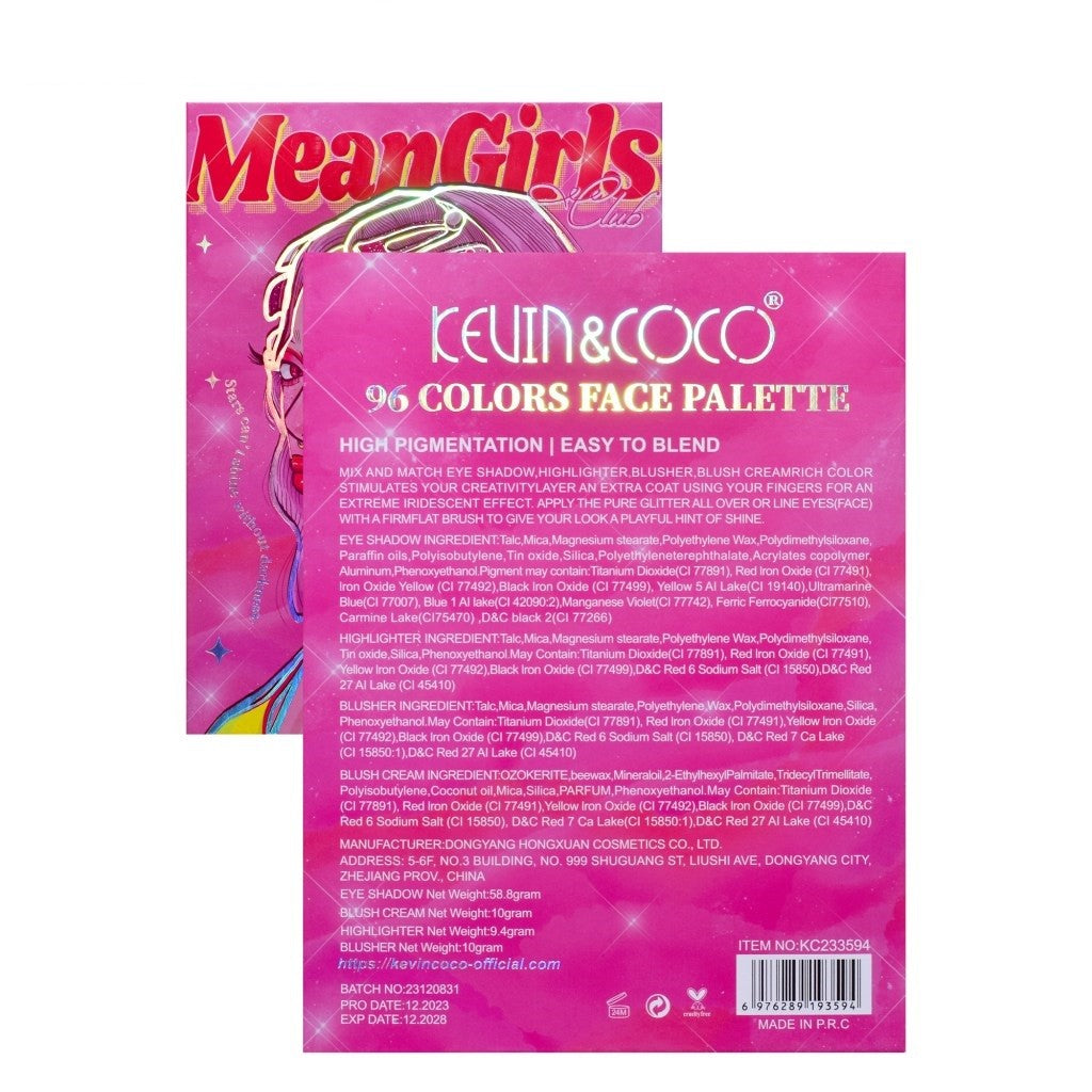 Kevin & Coco Trusa de Machiaj Completa Mean Girl Heart, Paleta Fard de Pleoape, Iluminator si Blush Cremos, Texturi Mate si Glitter, 96 Culori, 21 x 15.7 x 2.4 cm