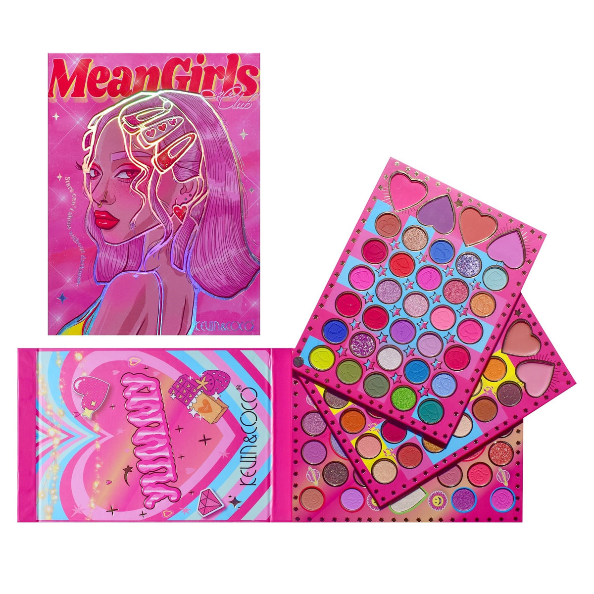 Kevin & Coco Trusa de Machiaj Completa Mean Girl Heart, Paleta Fard de Pleoape, Iluminator si Blush Cremos, Texturi Mate si Glitter, 96 Culori, 21 x 15.7 x 2.4 cm