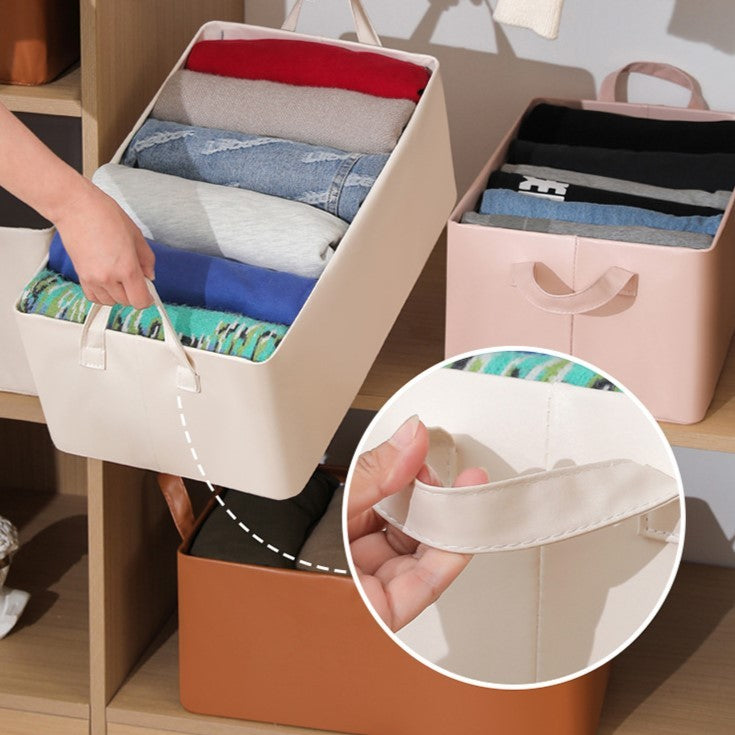Cutie de Depozitare Tip Cos, Organizator Haine si Jucarii, Pliabila cu Cadru Metalic si Manere, Piele Ecologica, 26 l, 47x28x20 cm, Bej
