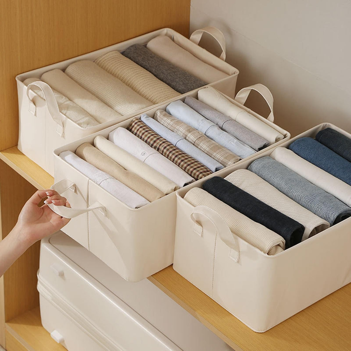 Cutie de Depozitare Tip Cos, Organizator Haine si Jucarii, Pliabila cu Cadru Metalic si Manere, Piele Ecologica, 26 l, 47x28x20 cm, Bej