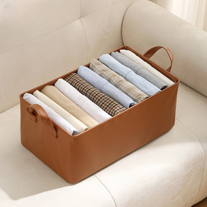 Cutie Depozitare Tip Cos, Organizator Pliabil Haine si Jucarii, Cadru Metalic si Manere, Piele Ecologica, 26 l, 47x28x20 cm, Maro
