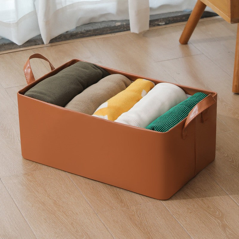 Cutie Depozitare Tip Cos, Organizator Pliabil Haine si Jucarii, Cadru Metalic si Manere, Piele Ecologica, 26 l, 47x28x20 cm, Maro