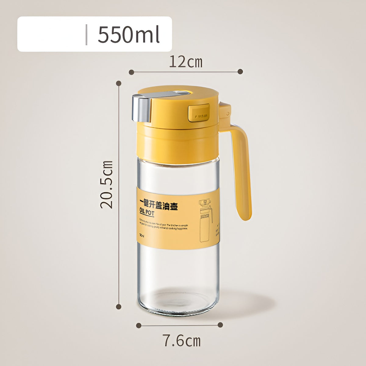 Dispenser Ulei Si Otet Cu Inductie Gravitationala, Dozator Cu Inchidere Automata Si Maner Ergonomic, Sticla Borosilicata, 550 ml, Galben