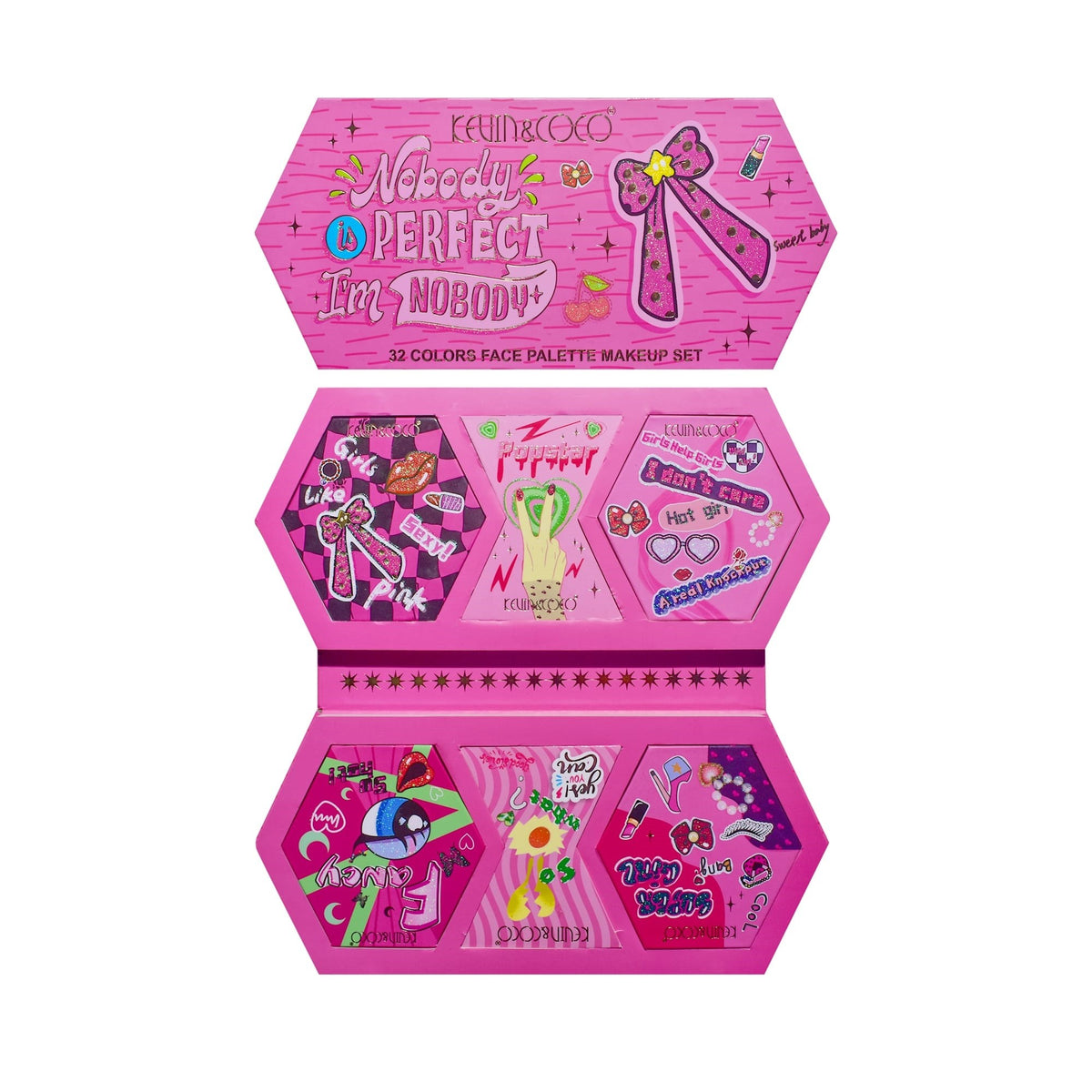 Trusa Machiaj Kevin & Coco Nobody Is Perfect, Paleta Farduri Pleoape si Iluminator, Texturi Mate Sidefate si Glitter, Formula Cruelty-Free, 32 Culori, 29 x 23.5 x 3 cm