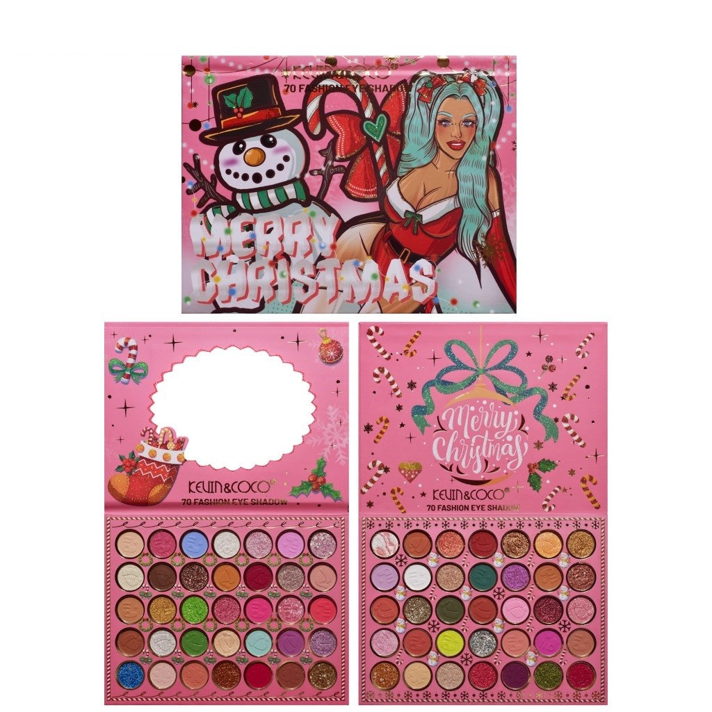 Kevin & Coco Trusa de Machiaj Snowy Christmas, Paleta Farduri de Pleoape cu 70 Culori Mate Sidefate si Glitter, Formula Non-Toxica Cruelty-Free, Compacta, 22.5 x 17 x 2 cm, Multicolor