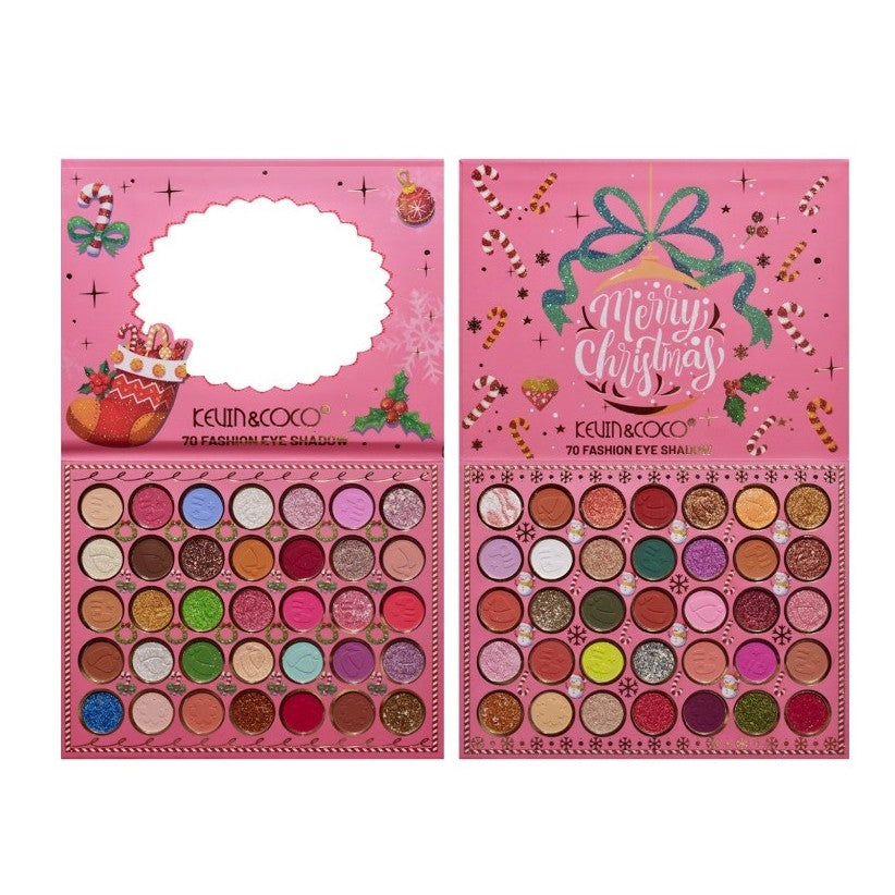 Kevin & Coco Trusa de Machiaj Snowy Christmas, Paleta Farduri de Pleoape cu 70 Culori Mate Sidefate si Glitter, Formula Non-Toxica Cruelty-Free, Compacta, 22.5 x 17 x 2 cm, Multicolor