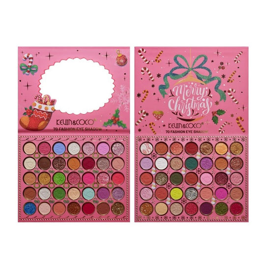 Kevin & Coco Trusa de Machiaj Snowy Christmas, Paleta Farduri de Pleoape cu 70 Culori Mate Sidefate si Glitter, Formula Non-Toxica Cruelty-Free, Compacta, 22.5 x 17 x 2 cm, Multicolor