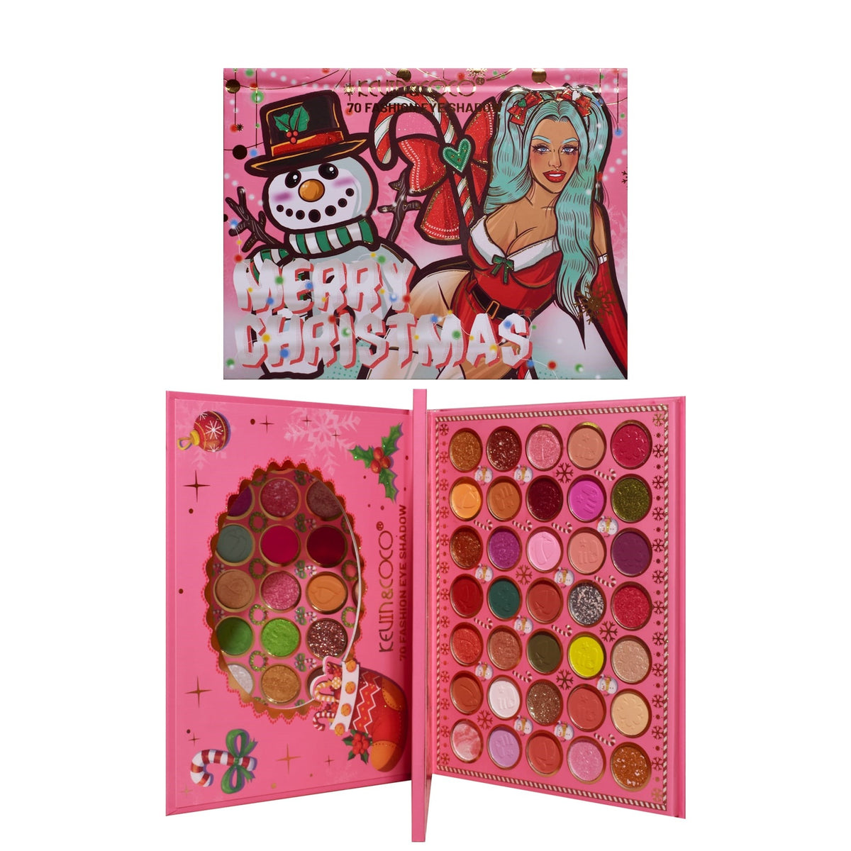 Kevin & Coco Trusa de Machiaj Snowy Christmas, Paleta Farduri de Pleoape cu 70 Culori Mate Sidefate si Glitter, Formula Non-Toxica Cruelty-Free, Compacta, 22.5 x 17 x 2 cm, Multicolor