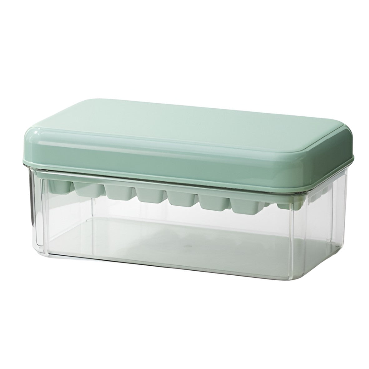 Set Recipient pentru Cuburi de Gheata cu Sistem de Presare, 2 Tavi de Silicon, Capac Etans si Lopata inclusa, Plastic Alimentar PET/PP, 23.5x13.3x10 cm, Verde/Transparent