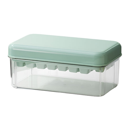 Set Recipient pentru Cuburi de Gheata cu Sistem de Presare, 2 Tavi de Silicon, Capac Etans si Lopata inclusa, Plastic Alimentar PET/PP, 23.5x13.3x10 cm, Verde/Transparent