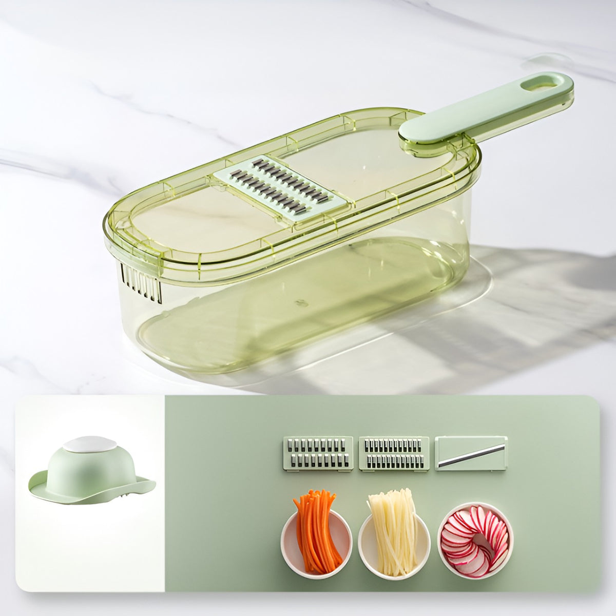 Feliator Multifunctional pentru Legume si Fructe, Tocator 3 in 1 cu 6 Piese, Lame din Inox 420, Recipient Stocare si Protectie Mana, ABS fara BPA, 35x12x9.4 cm, Verde