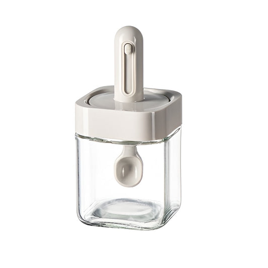 Borcan Depozitare Condimente, Recipient Sticla cu Capac si Lingura Telescopica Incorporata, Inchidere Etansa cu Inel Silicon, 300 ml, Gri