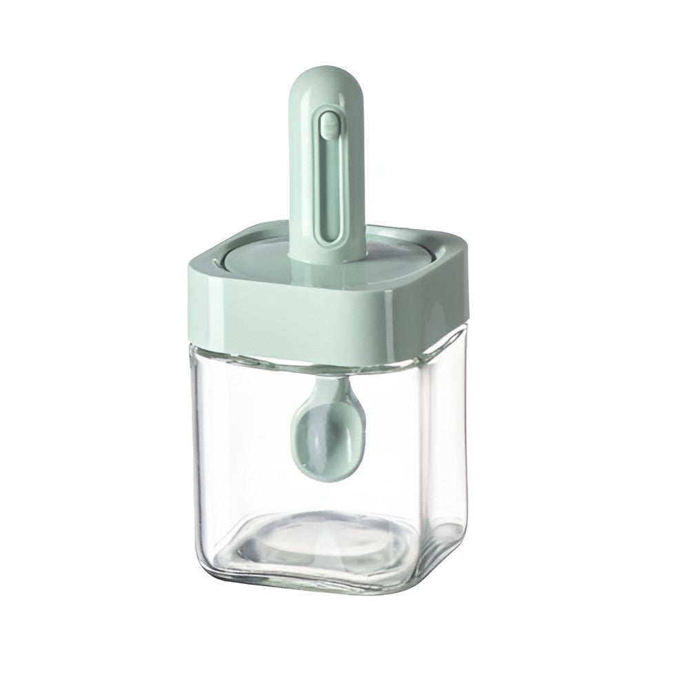 Borcan Condimente din Sticla, Recipient Depozitare cu Lingura Telescopica si Capac Ermetic, Inel Silicon, 300 ml, Verde