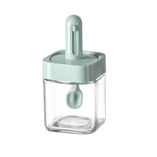 Borcan Condimente din Sticla, Recipient Depozitare cu Lingura Telescopica si Capac Ermetic, Inel Silicon, 300 ml, Verde