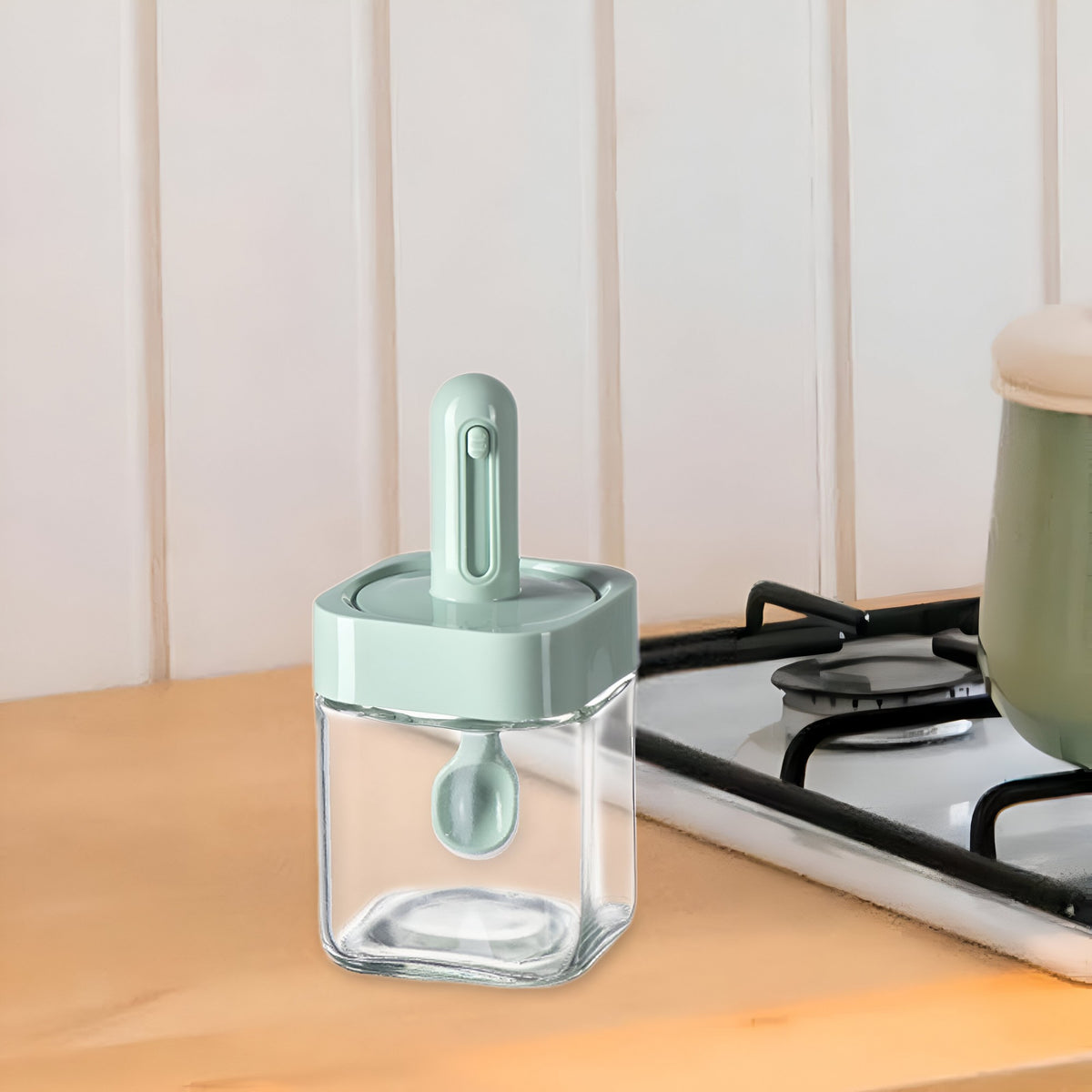 Borcan Condimente din Sticla, Recipient Depozitare cu Lingura Telescopica si Capac Ermetic, Inel Silicon, 300 ml, Verde