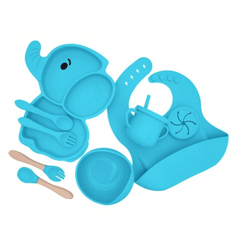 Set Diversificare Bebeluși și Copii, Farfurie și Bol cu Ventuză Anti-Alunecare, Silicon Premium și Lemn, Fără BPA, Model Elefant, +6 Luni, 10 Piese