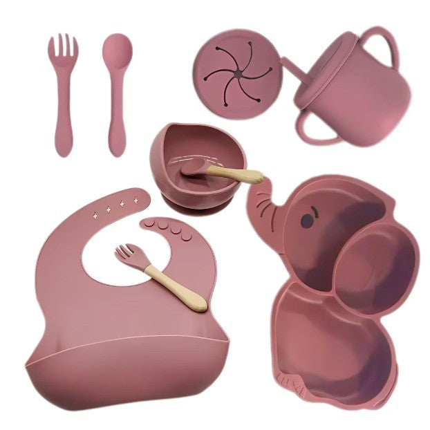 Set Masa Diversificare Bebelusi si Copii, Farfurie si Bol cu Ventuze Anti-alunecare, Silicon si Lemn, Fara BPA, 10 Piese, Model Elefant, Maro