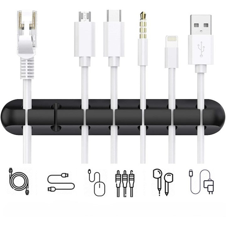 Organizator Cabluri Autoadeziv, Suport Management Cabluri Multifuncțional, Silicon, 7 Sloturi, Negru
