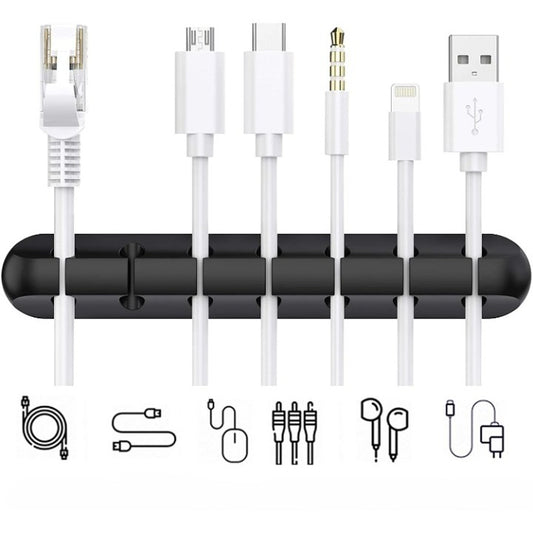 Organizator Cabluri Autoadeziv, Suport Management Cabluri Multifuncțional, Silicon, 7 Sloturi, Negru