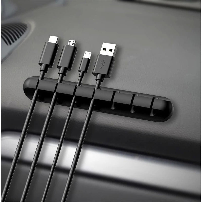 Organizator Cabluri Autoadeziv, Suport Management Cabluri Multifuncțional, Silicon, 7 Sloturi, Negru