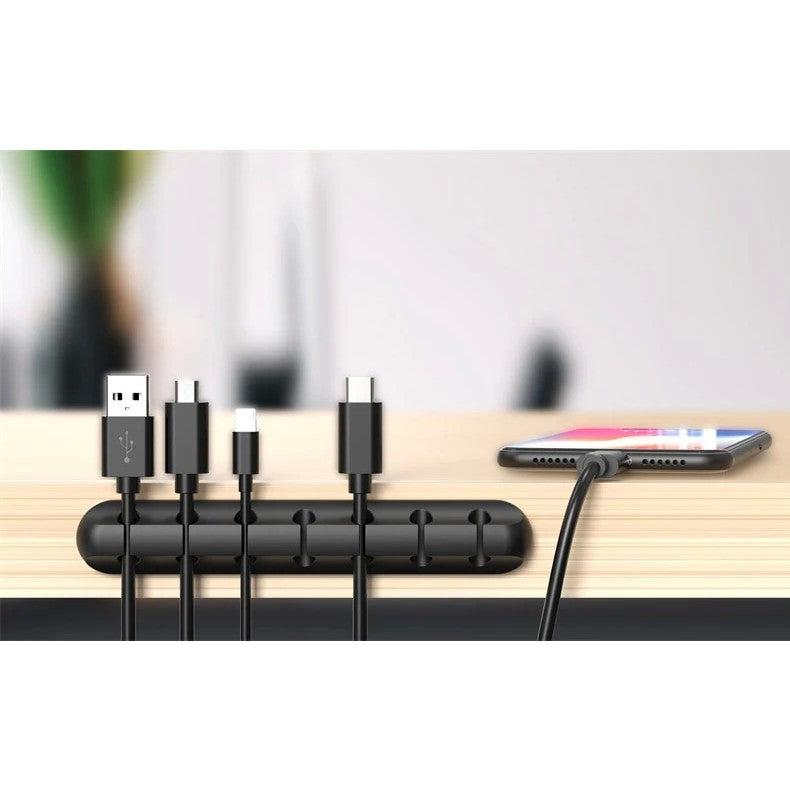 Organizator Cabluri Autoadeziv, Suport Management Cabluri Multifuncțional, Silicon, 7 Sloturi, Negru