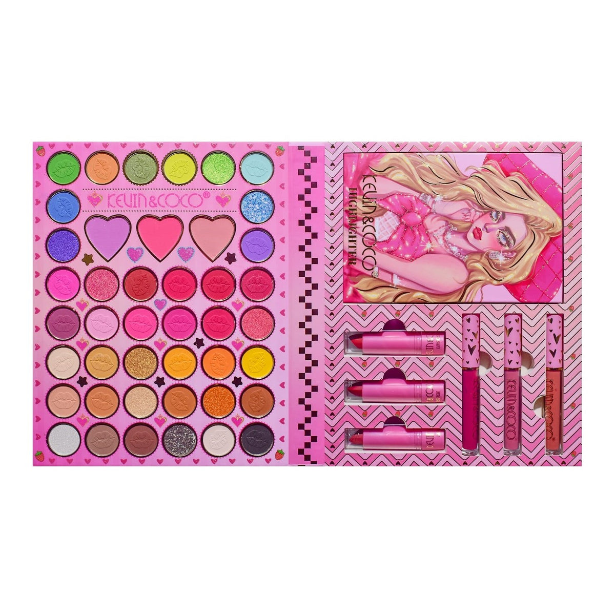 Kevin & Coco Set Machiaj Complet Butterfly Dream Girl, Paleta 49 Culori cu Farduri Ochi, Rujuri, Blush si Iluminator, Pigmentat si Rezistent, 24.7 x 19.7 x 2.7 cm