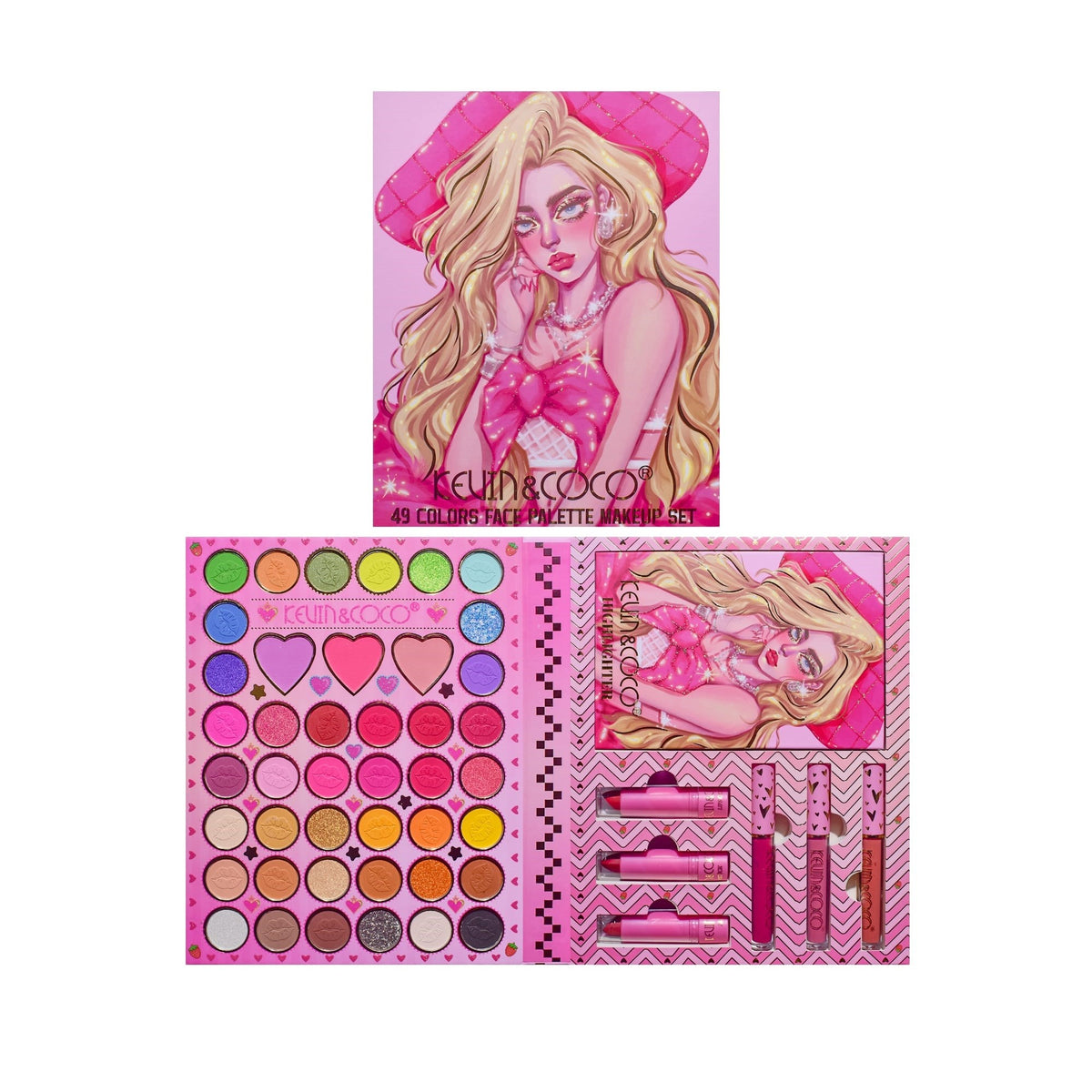Kevin & Coco Set Machiaj Complet Butterfly Dream Girl, Paleta 49 Culori cu Farduri Ochi, Rujuri, Blush si Iluminator, Pigmentat si Rezistent, 24.7 x 19.7 x 2.7 cm