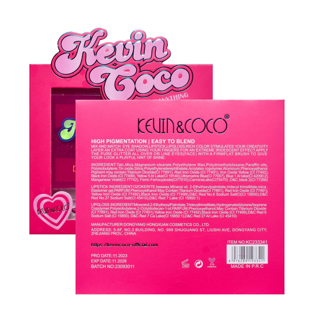 Kevin & Coco Set Machiaj Pink Hearted, Paleta 9 Farduri de Ochi Mate si Sidefate, Ruj Lichid Gloss si Ruj Tip Creion, Roz, 3 Piese, 15.5 x 13 x 3.4 cm