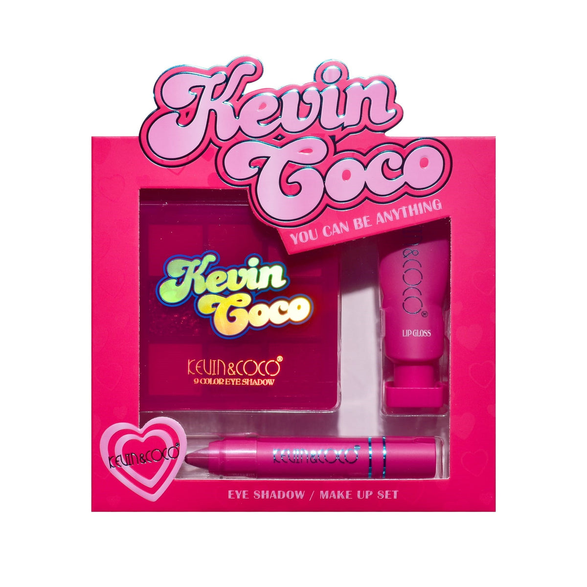 Kevin & Coco Set Machiaj Pink Hearted, Paleta 9 Farduri de Ochi Mate si Sidefate, Ruj Lichid Gloss si Ruj Tip Creion, Roz, 3 Piese, 15.5 x 13 x 3.4 cm