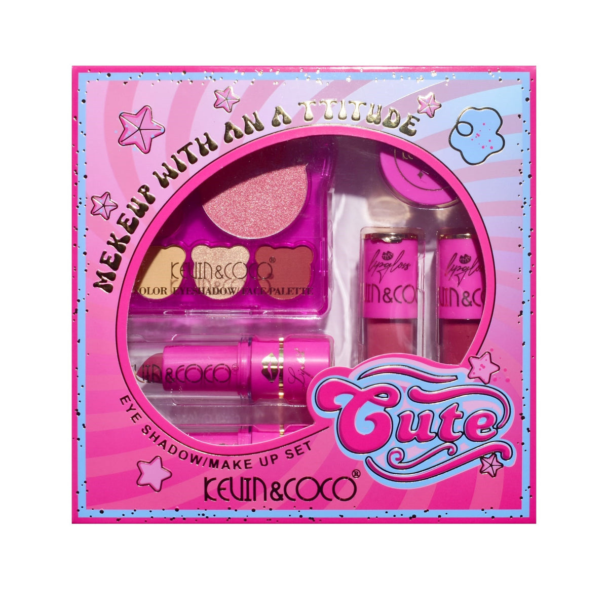 Kevin & Coco Set Machiaj Pink Bear, Paleta Farduri de Ochi, Rujuri, Gloss si Blush, Textura Mata si Lucioasa, Roz, 6 Piese