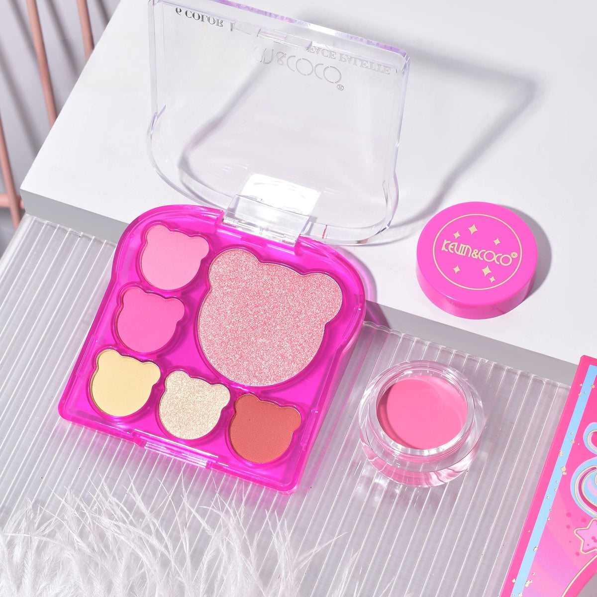 Kevin & Coco Set Machiaj Pink Bear, Paleta Farduri de Ochi, Rujuri, Gloss si Blush, Textura Mata si Lucioasa, Roz, 6 Piese