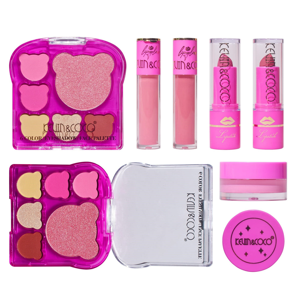 Kevin & Coco Set Machiaj Pink Bear, Paleta Farduri de Ochi, Rujuri, Gloss si Blush, Textura Mata si Lucioasa, Roz, 6 Piese
