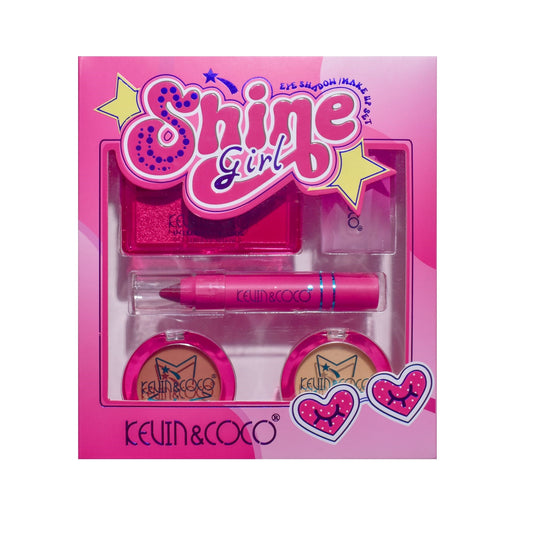 Kevin & Coco Set Machiaj Complet Shine Girl, Paleta Farduri 9 Culori, Ruj, Corectoare si Iluminator, Ingrediente Non-Toxice, Multicolor, 5 Piese, 18 x 15.8 x 3.5 cm