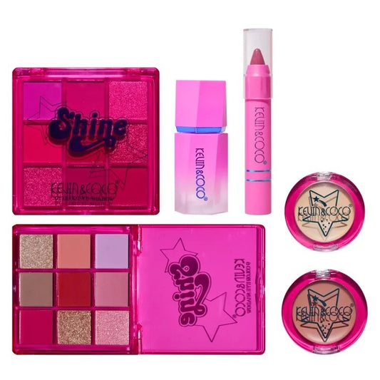 Kevin & Coco Set Machiaj Complet Shine Girl, Paleta Farduri 9 Culori, Ruj, Corectoare si Iluminator, Ingrediente Non-Toxice, Multicolor, 5 Piese, 18 x 15.8 x 3.5 cm