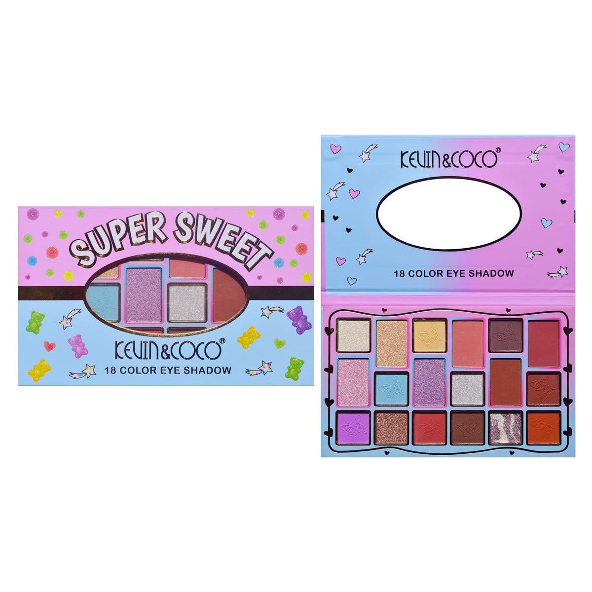 Kevin & Coco Paleta Fard De Pleoape Pink & Blue, 18 Culori Mate Sidefate Si Glitter, Textura Catifelata, Pigmentata, Cruelty-Free, 19.3 x 12 x 1.4 cm