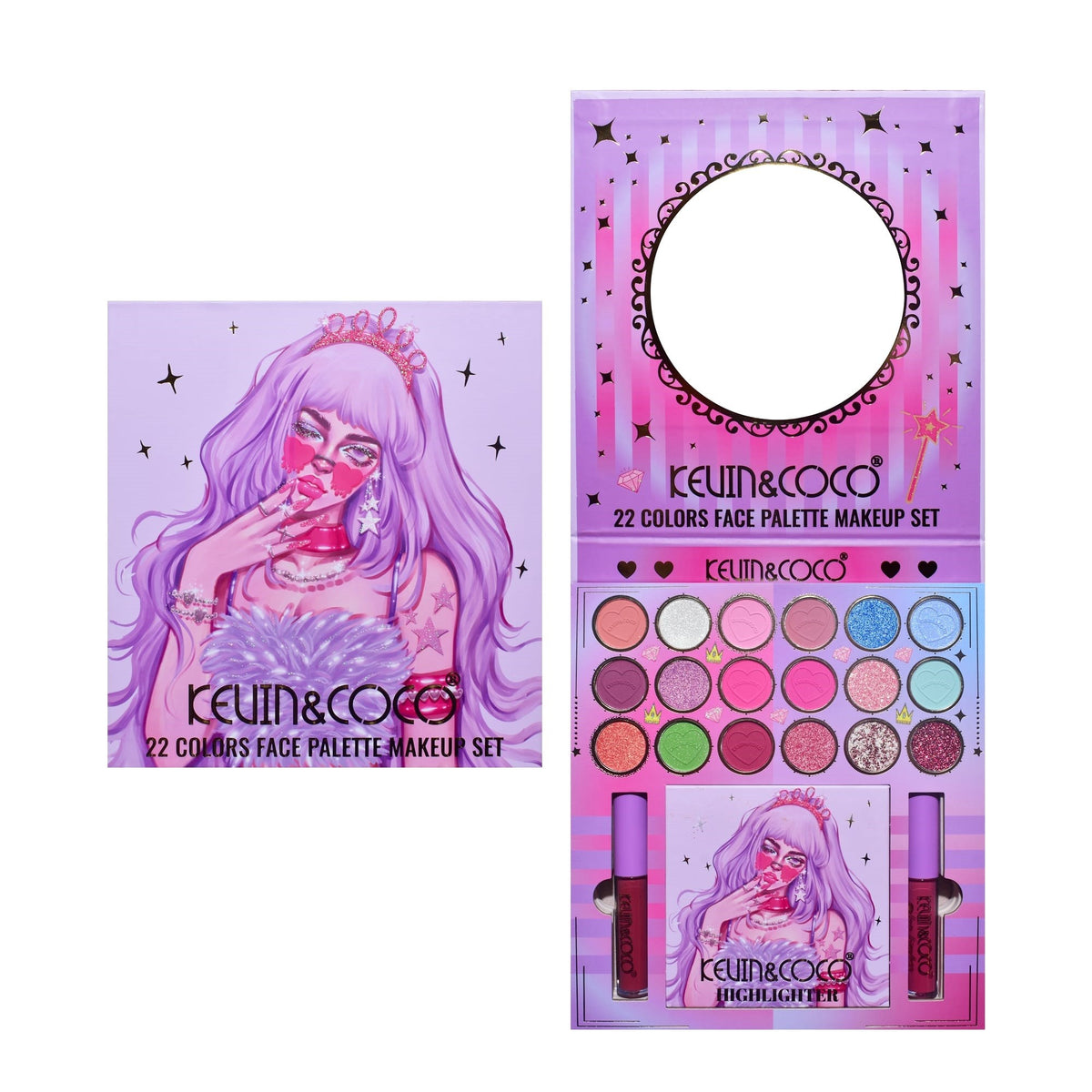 Kevin & Coco Set Machiaj Complet Vanilla Queen, Paleta 18 Farduri de Pleoape Mate si Glitter, 4 Iluminatoare, 2 Rujuri Lichide, Pigment Intens, Cruelty-Free, 22 Culori, 19.7 x 21.2 x 2.5 cm