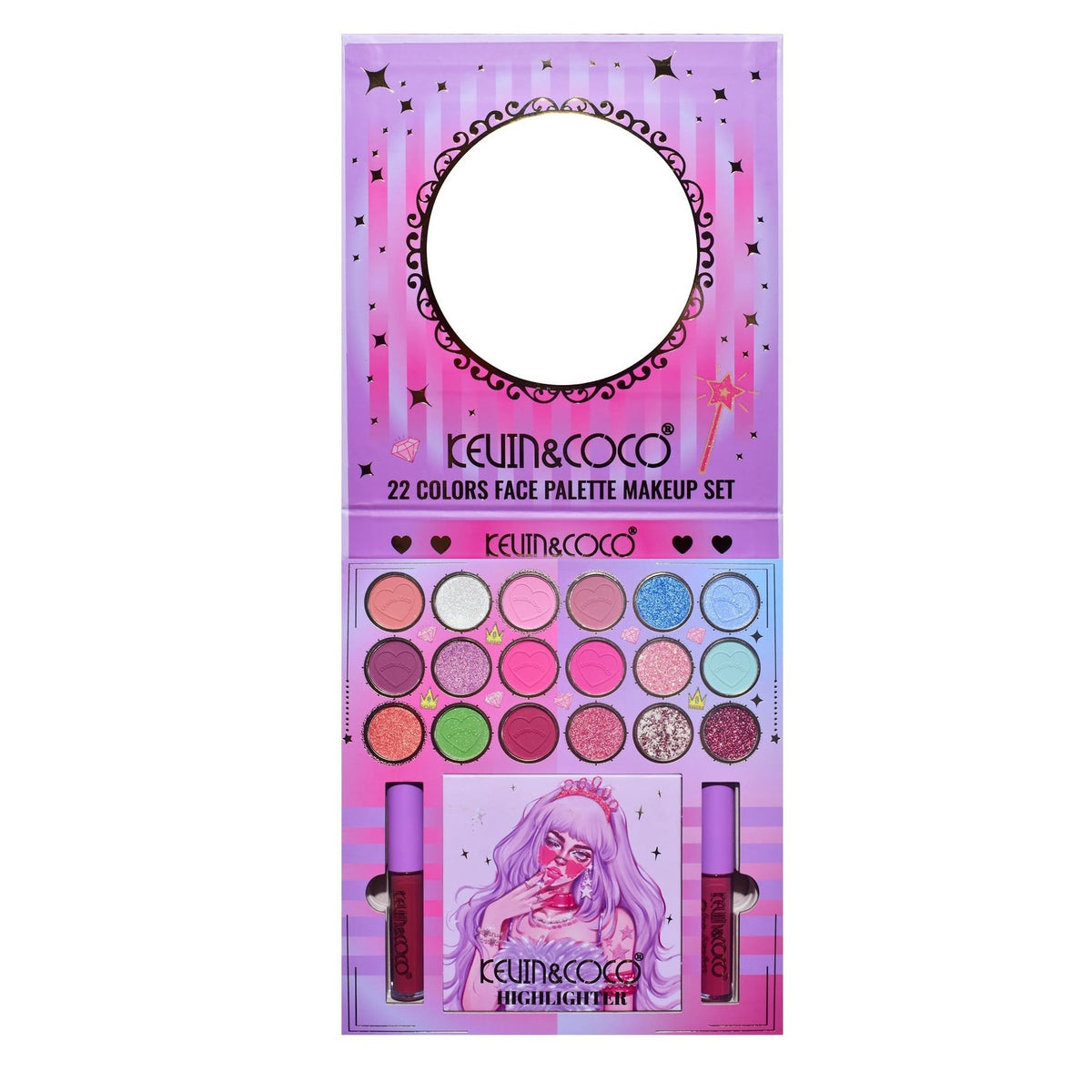 Kevin & Coco Set Machiaj Complet Vanilla Queen, Paleta 18 Farduri de Pleoape Mate si Glitter, 4 Iluminatoare, 2 Rujuri Lichide, Pigment Intens, Cruelty-Free, 22 Culori, 19.7 x 21.2 x 2.5 cm