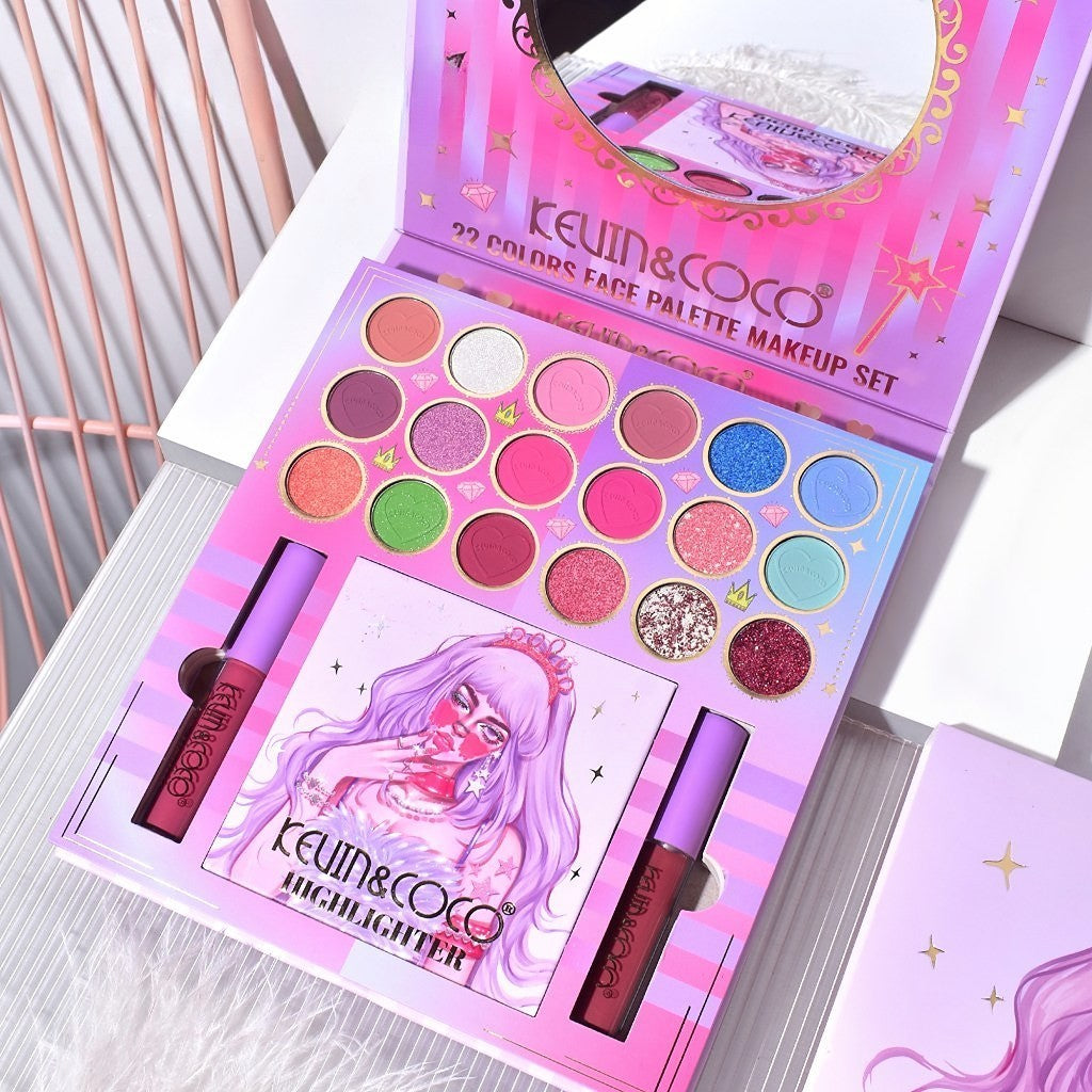 Kevin & Coco Set Machiaj Complet Vanilla Queen, Paleta 18 Farduri de Pleoape Mate si Glitter, 4 Iluminatoare, 2 Rujuri Lichide, Pigment Intens, Cruelty-Free, 22 Culori, 19.7 x 21.2 x 2.5 cm