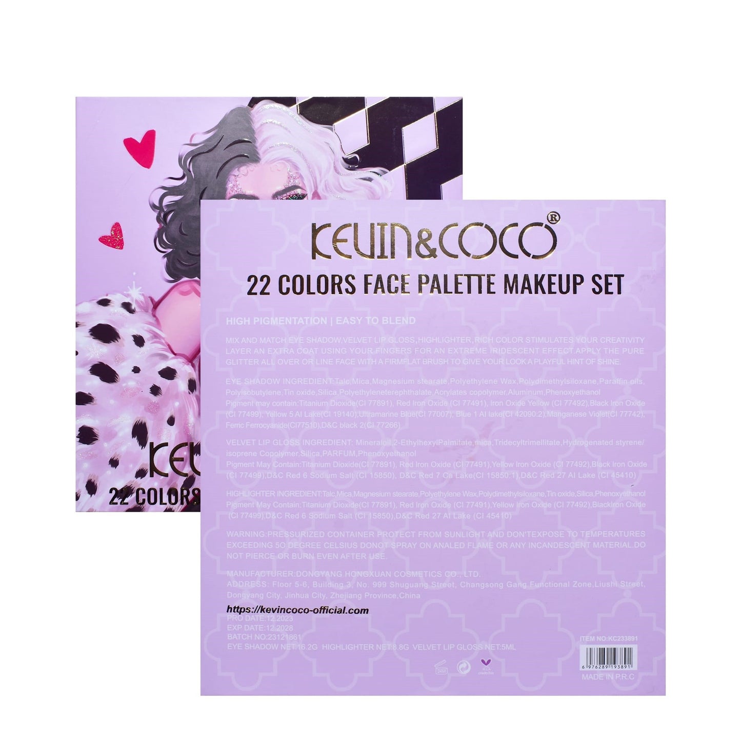 Kevin & Coco Set Machiaj Black-White Witch, Trusa 22 Culori cu 18 Farduri Ochi, 4 Iluminatoare si 2 Rujuri Lichide, Pigmenti Mate si Sidefati, 19.7 x 21.2 x 2.5 cm