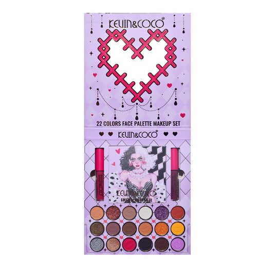 Kevin & Coco Set Machiaj Black-White Witch, Trusa 22 Culori cu 18 Farduri Ochi, 4 Iluminatoare si 2 Rujuri Lichide, Pigmenti Mate si Sidefati, 19.7 x 21.2 x 2.5 cm