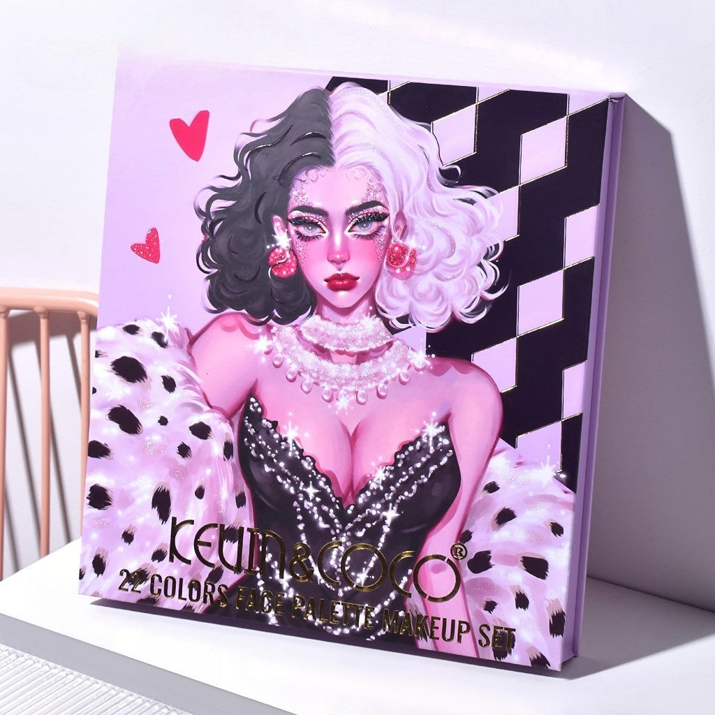 Kevin & Coco Set Machiaj Black-White Witch, Trusa 22 Culori cu 18 Farduri Ochi, 4 Iluminatoare si 2 Rujuri Lichide, Pigmenti Mate si Sidefati, 19.7 x 21.2 x 2.5 cm