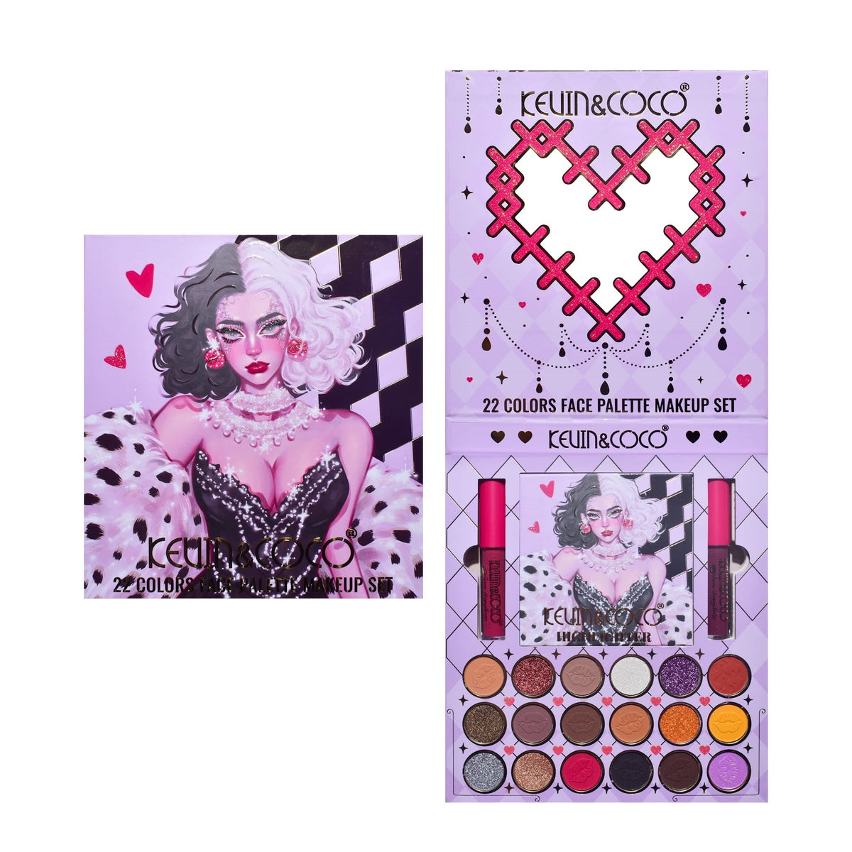 Kevin & Coco Set Machiaj Black-White Witch, Trusa 22 Culori cu 18 Farduri Ochi, 4 Iluminatoare si 2 Rujuri Lichide, Pigmenti Mate si Sidefati, 19.7 x 21.2 x 2.5 cm